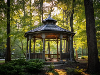 Fototapeta premium Beautiful round shape gazebo in the park designed by the landscape architect. Western-style architecture made from wood.