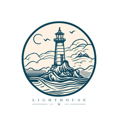 Lighthouse in the ocean on the small rocky island vector logo emblem. Lighthouse tower mascot.