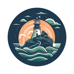 Fototapeta premium Lighthouse in the ocean on the small rocky island vector logo emblem. Lighthouse tower mascot.
