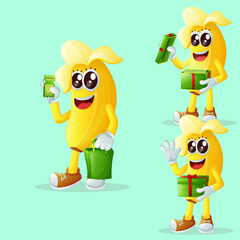 Cute banana characters receiving gifts