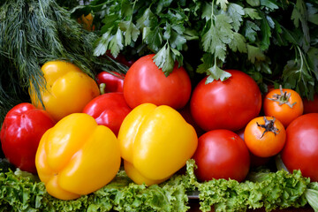 different vegetables bell peppers cucumbers tomatoes and herbs