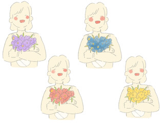 お花をもらって喜ぶ女性イラスト