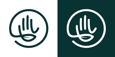 logo design hand and leaf minimalist line icon vector illustration