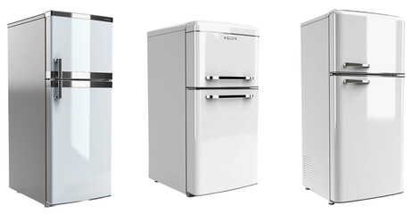 A collection of three white refrigerators on a transparent background, Generative AI