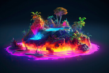 Magic tropical island, neon glowing lights. Generative AI.