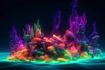 Magic corals, neon glowing lights. Generative AI.