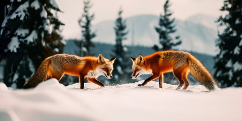 Fototapeta na wymiar pair of foxes playing in the snow, with pine trees and a mountain range in the background. Generative AI