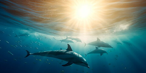 pod of dolphins swimming in the ocean, with sunlight filtering through the water and fish swimming around them Generative AI