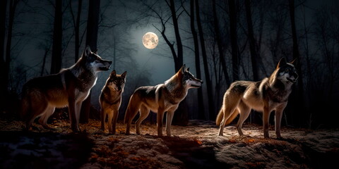 pack of wolves in the forest, with a full moon in the background. Generative AI