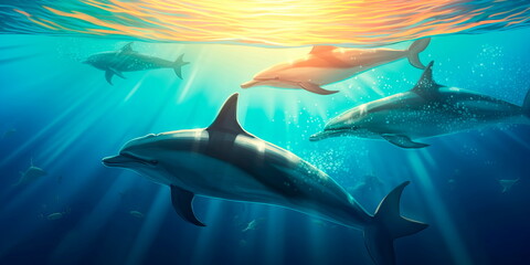 pod of dolphins swimming in the ocean, with sunlight filtering through the water and fish swimming around them Generative AI