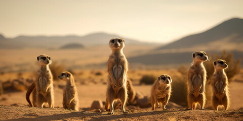 group of meerkats standing on their hind legs, with a desert landscape and distant mountains in the background. Generative AI - obrazy, fototapety, plakaty