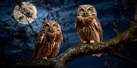 pair of owls perched on a tree branch, with a full moon and stars in the background.Generative AI