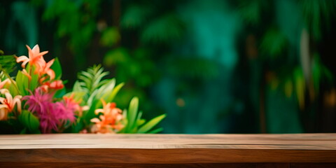 wooden table in front of tropical green floral background. for product display and presentation. Generative AI