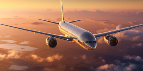 Fototapeta na wymiar Commercial airplane in the air, morning sunlight. 