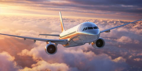Fototapeta na wymiar Commercial airplane in the air, morning sunlight. 