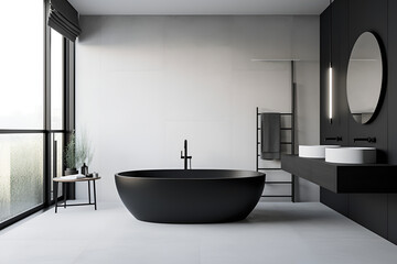Obraz na płótnie Canvas Design a compact minimalist bathroom with a black bath