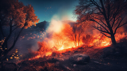 Fototapeta na wymiar Intense flames from a massive forest fire. Flames light up the night as they rage thru pine forests and sage brush. Generative AI