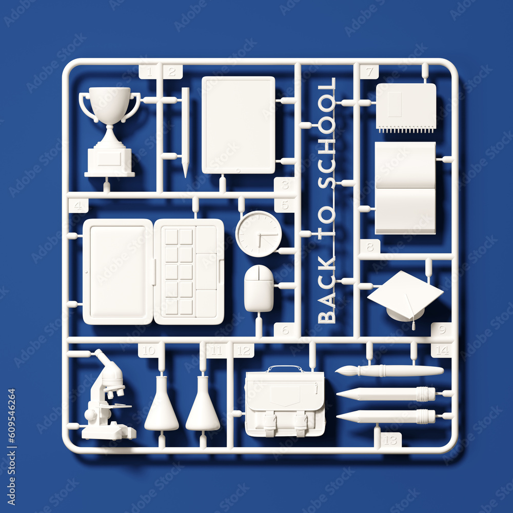 Poster minimal background for education concept. white plastic model kit of back to school element on blue 