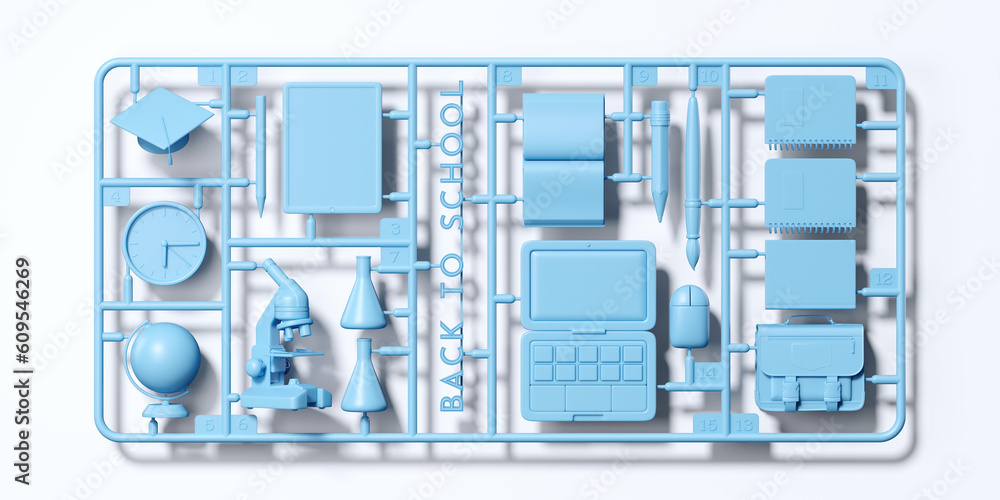 Poster minimal background for education concept. blue plastic model kit of back to school element on white 