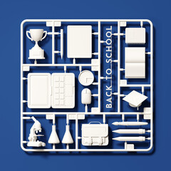 Minimal background for education concept. White plastic model kit of back to school element on blue background. 3d rendering illustration. Object isolate clipping path included.