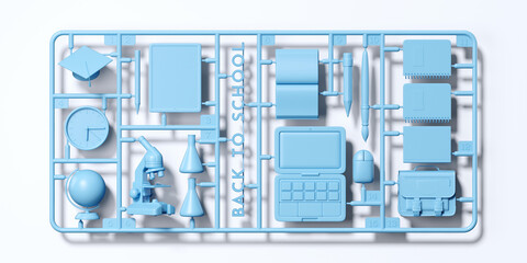 Minimal background for education concept. Blue plastic model kit of back to school element on white background. 3d rendering illustration. Object isolate clipping path included.