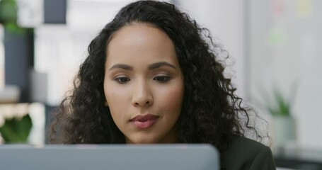 Closeup, laptop and businesswoman thinking for strategy or planning emails on desk and company decision in the office. Computer, corporate and female employee at workplace or contemplate on pc screen