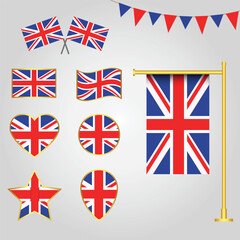 Vector collection of Uk Europe flag emblems and icons in different shapes