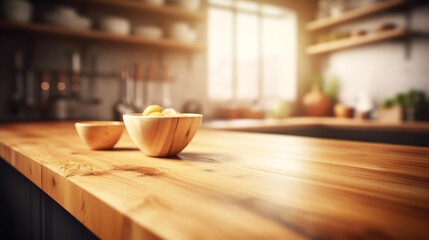 empty table board and defocused modern kitchen background. generative ai