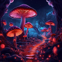 Fototapeta na wymiar A field full of magical surreal bioluminescence neon magic mushrooms ready for a psychedelic experience. Generative AI.