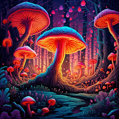 A field full of magical surreal bioluminescence neon magic mushrooms ready for a psychedelic experience.  Generative AI.