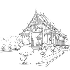Temples in Thailand. Hand drawn. Vector outline stroke.