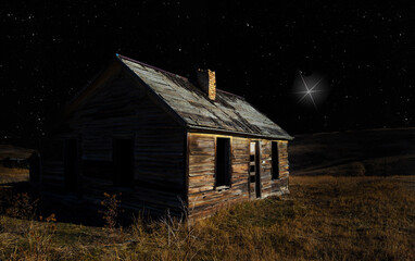 Old crumbling house with a bright star above