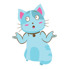 Flat vector illustration of a cute blue cat doing a questioning pose on a white background.