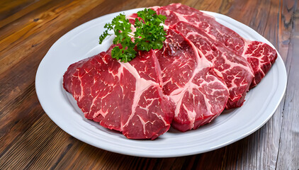 Fototapeta premium raw beef steak with vegetables, black Angus marbled meat, uncooked, barbecue, cooking, dinner, meal, butcher, veal, AI generated 