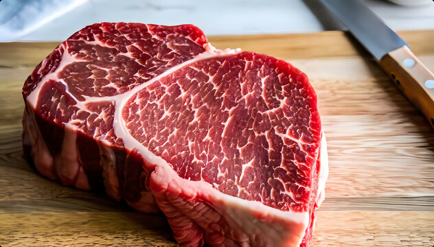 raw meat on a cutting board, black Angus marbled meat,  AI generated	