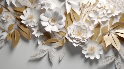 3d render, abstract background with white paper flowers and golden leaves, floral botanical wallpaper