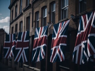 Fototapeta na wymiar Union jack celebration in England with hanging flags in the street. AI Generated