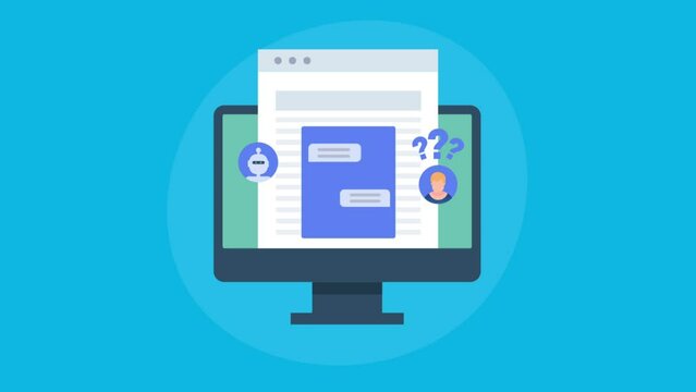Website chatbot software application interacting with website visitor, answering questions in text messages, online customer service concept, ai technology video animation.