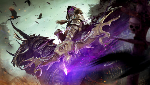 A beautiful female archer in golden armor with a giant magic bow and a stretched purple arrow. She is an elf in a hood, riding a demonic sinister horse through a village with crows. 3d rendering.