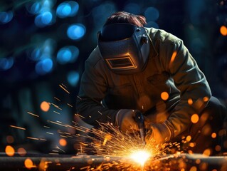 Welder is welding metal, industry them bokeh and dark sparkle background.