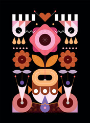 Colored decorative floral design isolated on a black background, vector illustration.