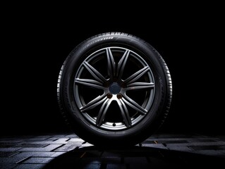 New car tires against dark background banner design. Auto parts. With copy space.