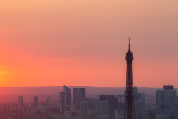 Panoramic aerial view of Paris, Eiffel Tower and La Defense business district. Aerial view of Paris...