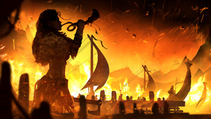 A black silhouette with a beautiful Viking girl who blows a battle horn, against the background of a burning village in the night, with a pier from which the ships of the drakara sail. 2d art.