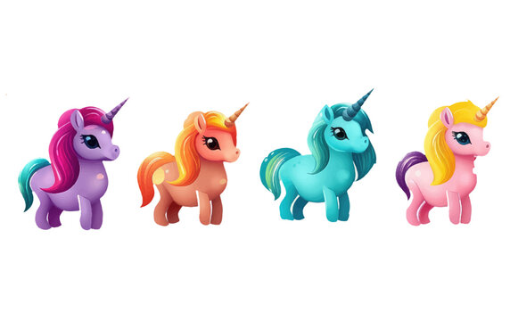 ui set vector illustration of cute different magic pony unicorn isolated on white background