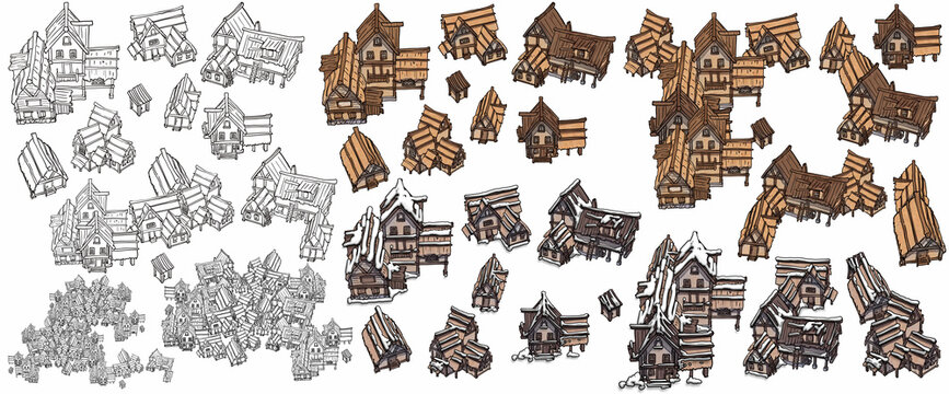 The designer of a fantasy city village with houses and barns at different times of the year, linear pictures and colored, without a clear structure that makes it more chaotic and man-made. 2d art