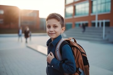 Portrait of a schoolboy with a backpack on the background of the school yard created with Generative AI technology