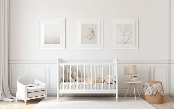 Nursery with a white armchair and crib with three pictures on the wall created with Generative AI technology