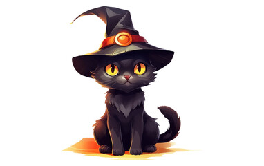 Cute black cat in a witch hat sitting