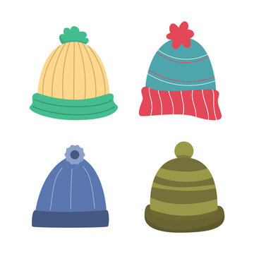 Winter Hat . Vector Knitting Hats, Hats For Girls And Boys For Cold Weather Isolated On A White Background